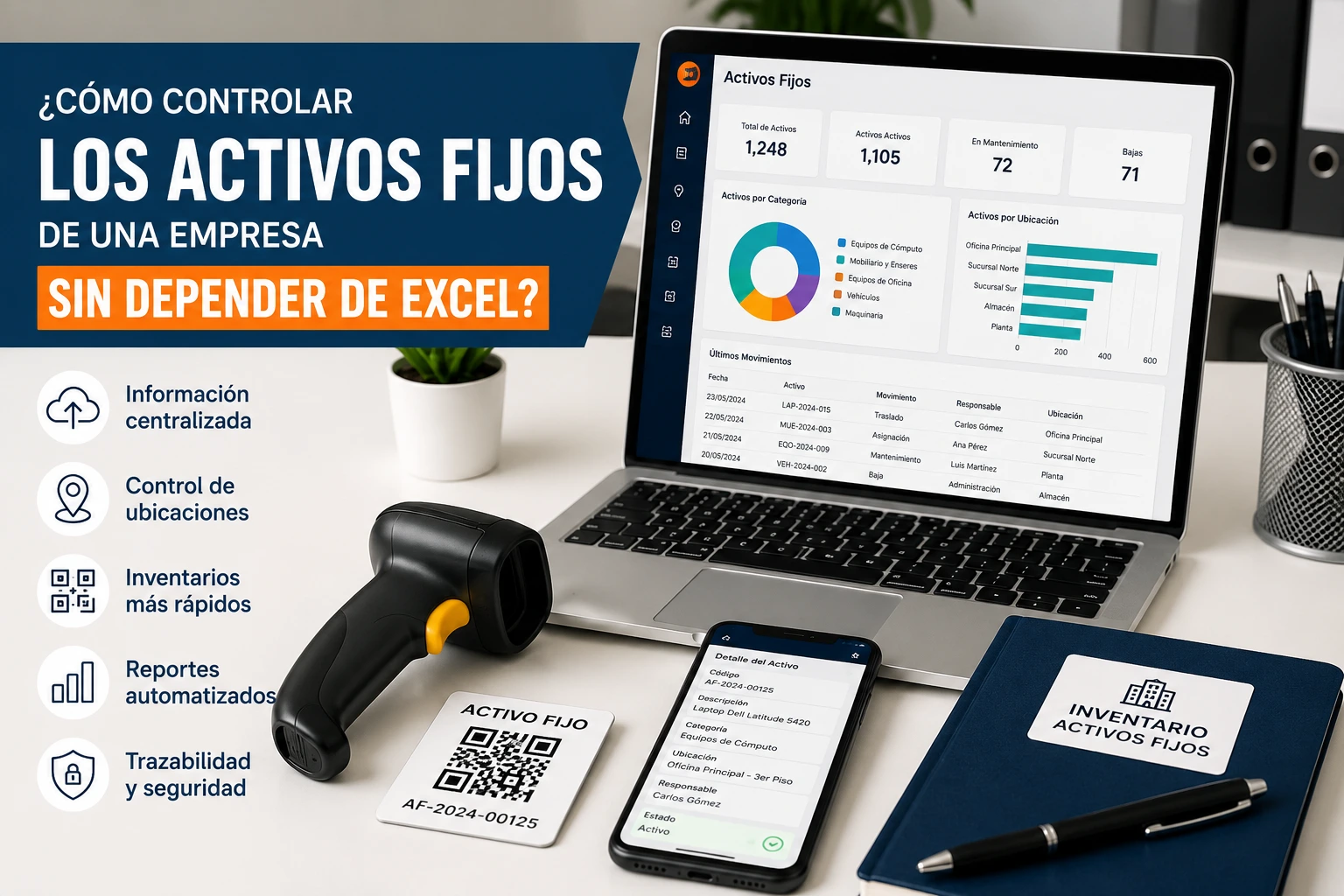 Control de activos fijos mediante Excel mostrando inventario patrimonial, registro de bienes y comparación con un software de gestión patrimonial.