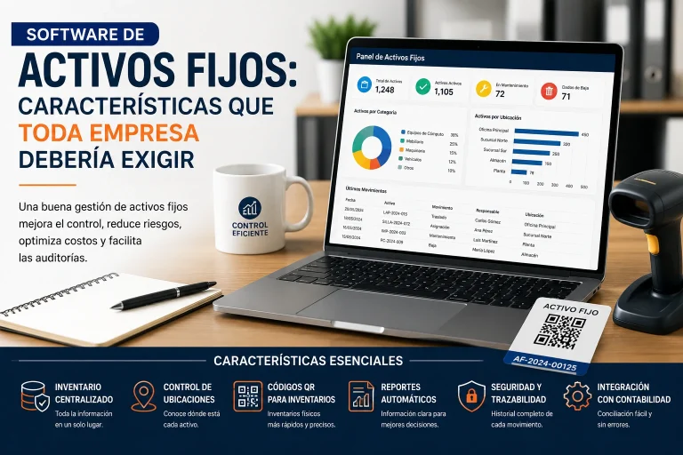 Software de activos fijos con inventario patrimonial, códigos QR, control de responsables, ubicaciones y reportes para la gestión eficiente de bienes empresariales.