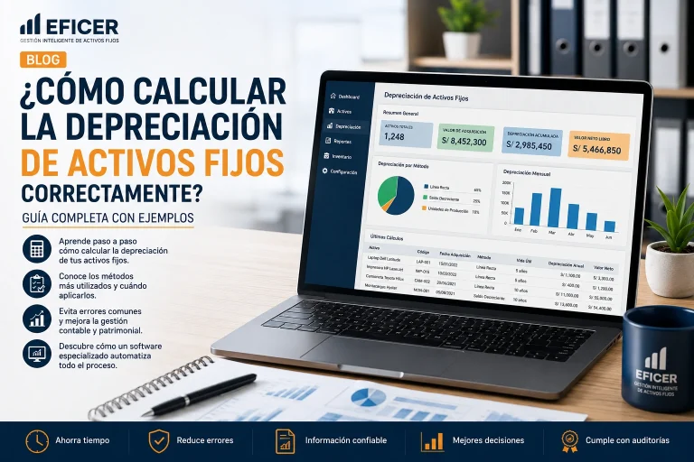 Cálculo de la depreciación de activos fijos mediante un software de gestión patrimonial con control de bienes, vida útil y depreciación acumulada.