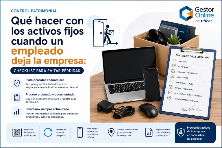 Proceso de devolución de activos fijos cuando un empleado deja la empresa, incluyendo laptops, celulares, herramientas y otros bienes patrimoniales controlados mediante códigos QR y el software Gestor Online de Eficer.