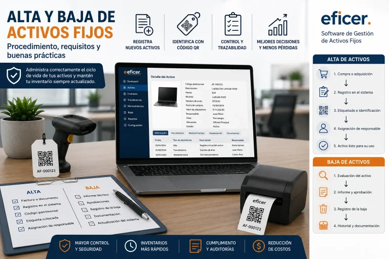Proceso de alta y baja de activos fijos mediante un software de gestión patrimonial, con registro de bienes, documentación, responsables y control del ciclo de vida de los activos.