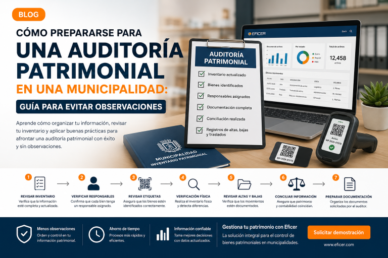 Auditoría patrimonial en una municipalidad mediante inventario físico, verificación de bienes patrimoniales, códigos QR y software de gestión patrimonial para reducir observaciones.