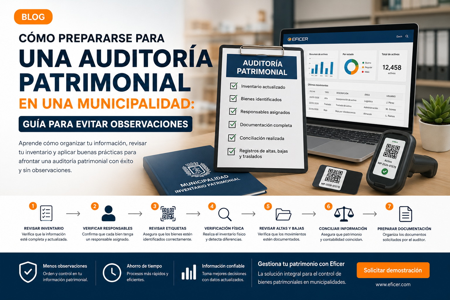 Auditoría patrimonial en una municipalidad mediante inventario físico, verificación de bienes patrimoniales, códigos QR y software de gestión patrimonial para reducir observaciones.