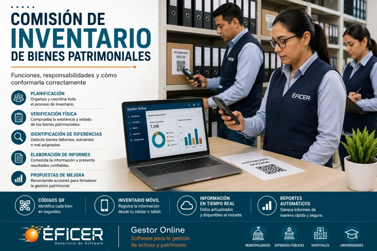 Comisión de inventario de bienes patrimoniales realizando inventario físico con códigos QR.