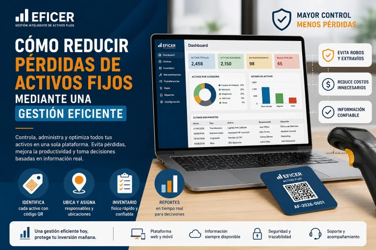 Gestión eficiente de activos fijos para reducir pérdidas mediante inventarios, control de responsables, códigos QR y software de gestión patrimonial.