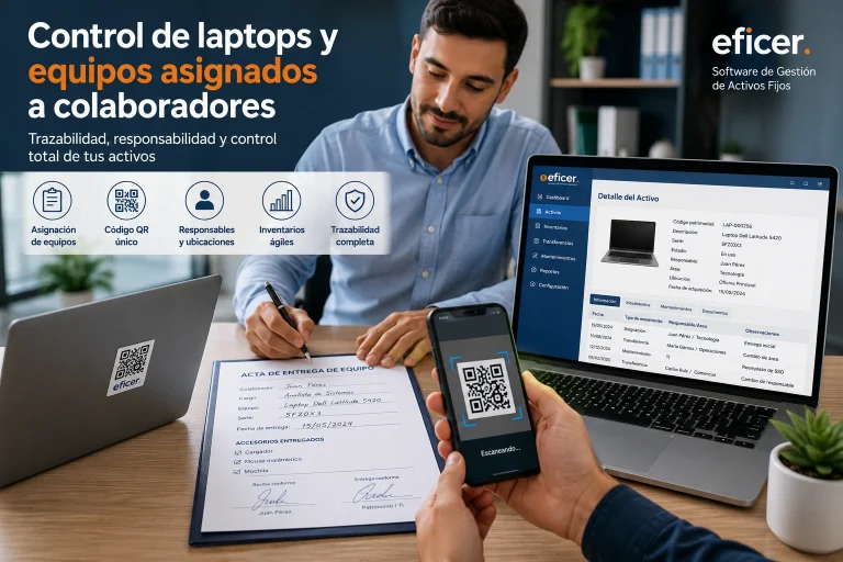 Control de laptops y equipos asignados a colaboradores mediante inventario patrimonial, códigos QR, registro de responsables y software de gestión de activos.