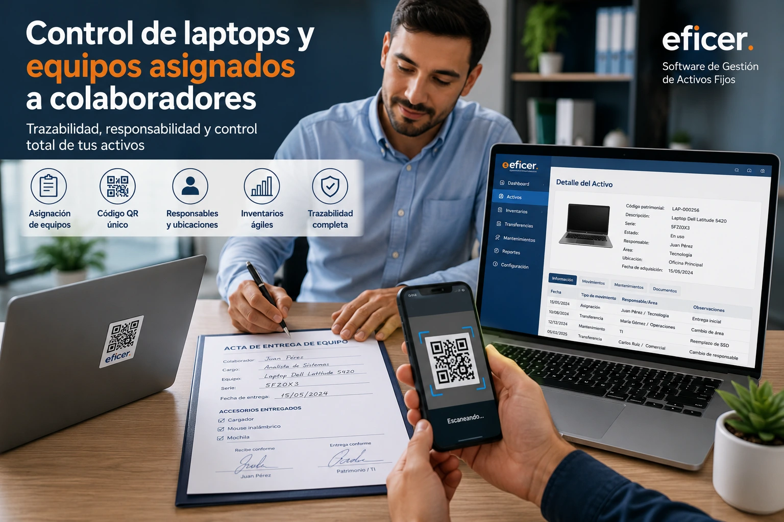 Control de laptops y equipos asignados a colaboradores mediante inventario patrimonial, códigos QR, registro de responsables y software de gestión de activos.