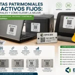Etiquetas patrimoniales para activos fijos con códigos QR y códigos de barras utilizadas para identificar bienes patrimoniales y facilitar el control de inventarios.
