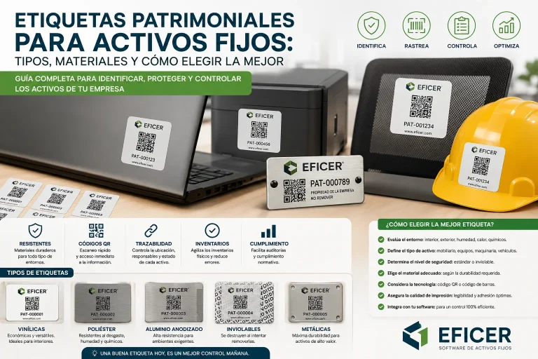 Etiquetas patrimoniales para activos fijos con códigos QR y códigos de barras utilizadas para identificar bienes patrimoniales y facilitar el control de inventarios.