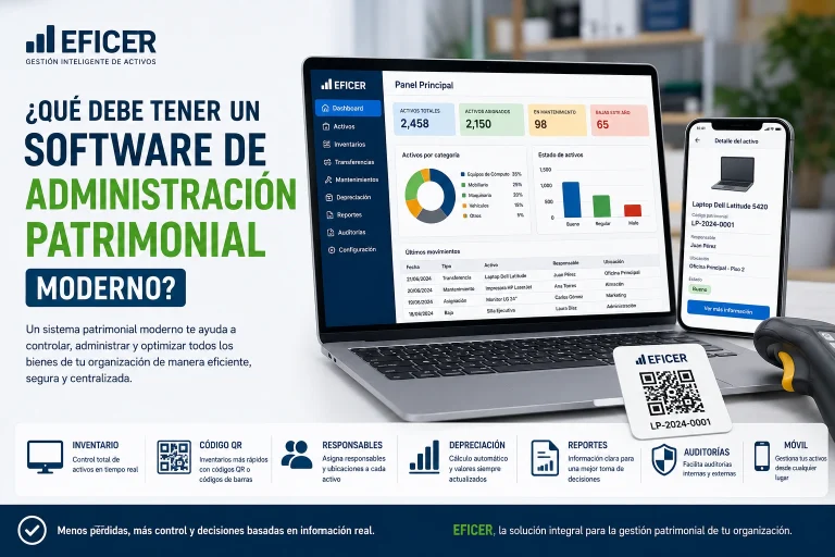 Software de administración patrimonial moderno con inventario de activos, códigos QR, control de responsables, ubicaciones, mantenimientos y reportes para la gestión eficiente del patrimonio.