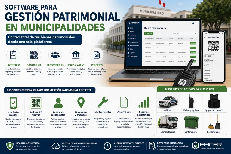 Software para gestión patrimonial en municipalidades con inventario de activos, códigos QR, control de responsables, reportes y administración de bienes patrimoniales.