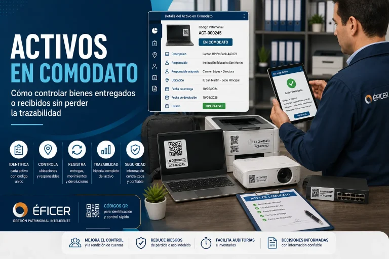 Control patrimonial de activos en comodato mediante códigos QR y seguimiento de responsables.