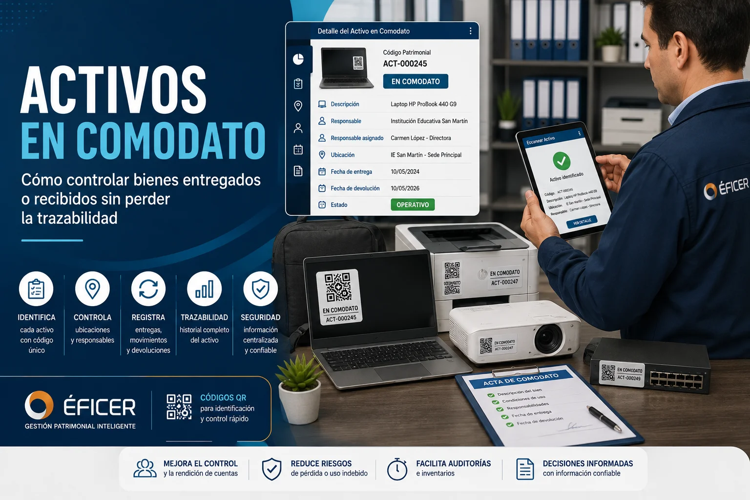 Control patrimonial de activos en comodato mediante códigos QR y seguimiento de responsables.