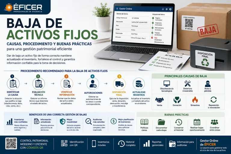 Proceso de baja de activos fijos con documentación, trazabilidad y control patrimonial.