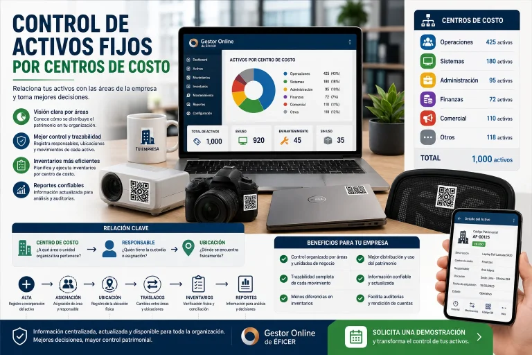 Control de activos fijos por centros de costo, responsables y ubicaciones mediante un sistema de gestión patrimonial.