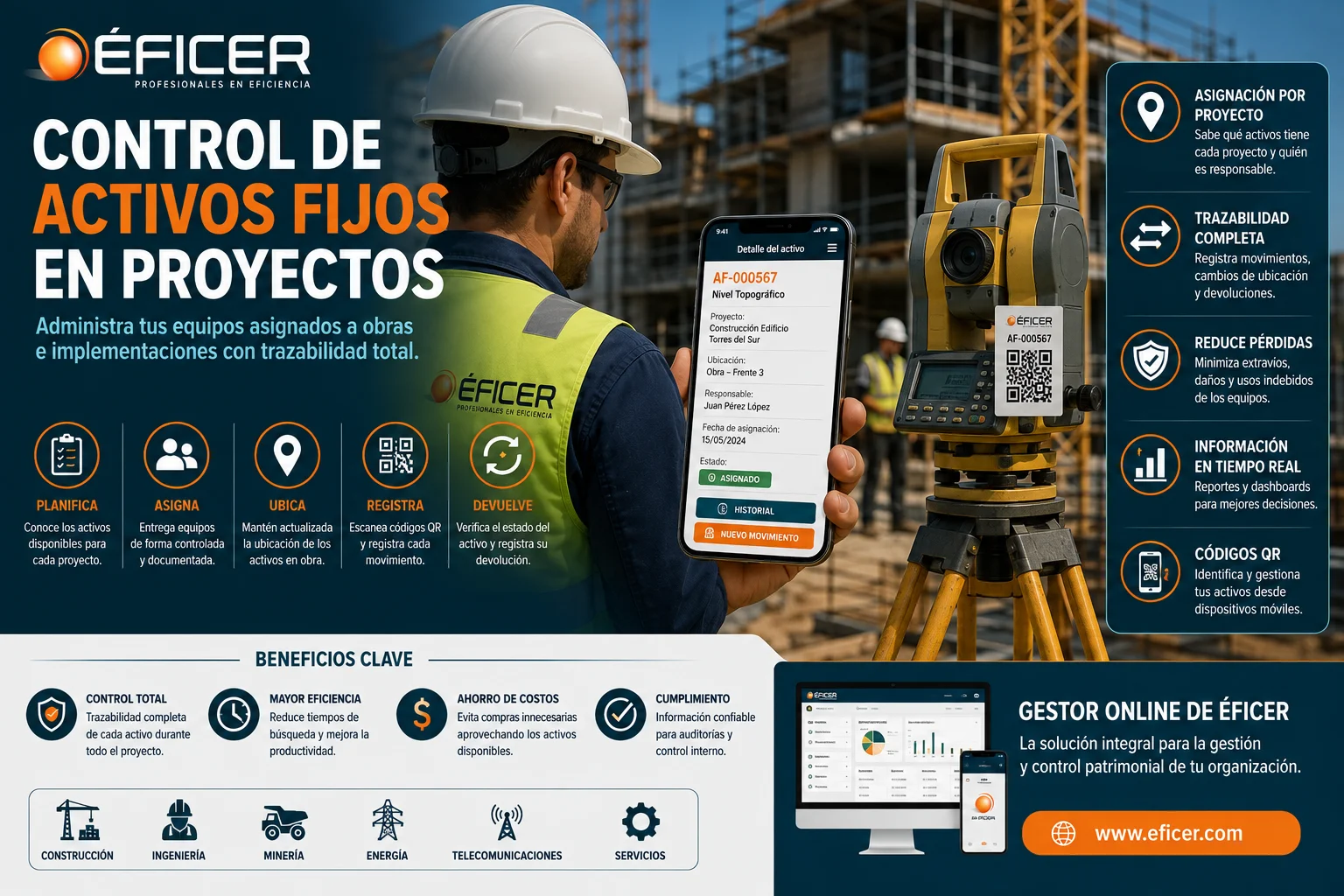 Control de activos fijos en proyectos mediante códigos QR para gestionar equipos asignados a obras e implementaciones.