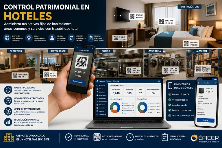Control patrimonial en hoteles mediante códigos QR para administrar activos de habitaciones y áreas comunes.
