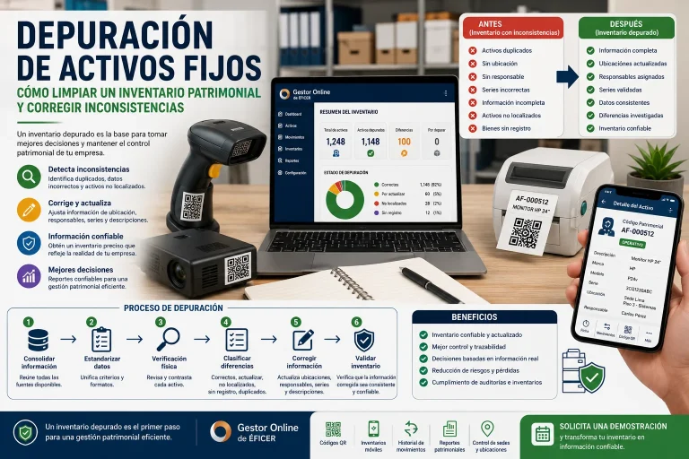 Depuración de activos fijos para corregir inconsistencias, duplicados, ubicaciones y responsables en el inventario patrimonial.
