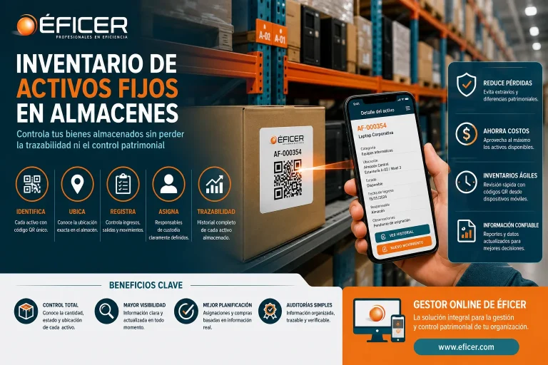Inventario de activos fijos en almacenes mediante códigos QR para controlar bienes patrimoniales almacenados.