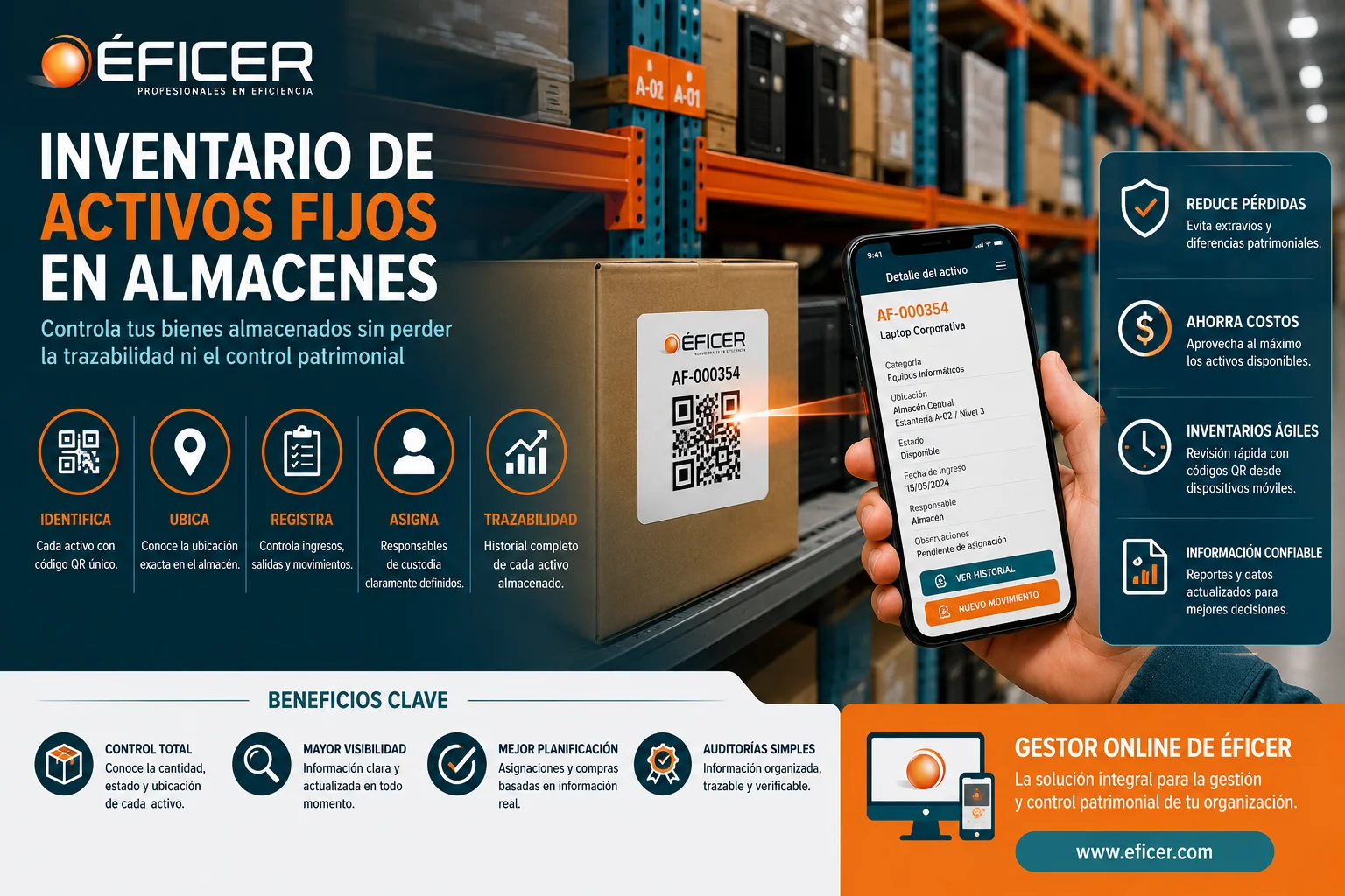 Inventario de activos fijos en almacenes mediante códigos QR para controlar bienes patrimoniales almacenados.