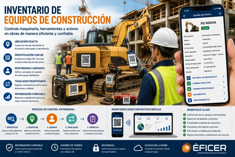 Inventario de equipos de construcción mediante códigos QR para controlar maquinaria, herramientas y activos en obras.
