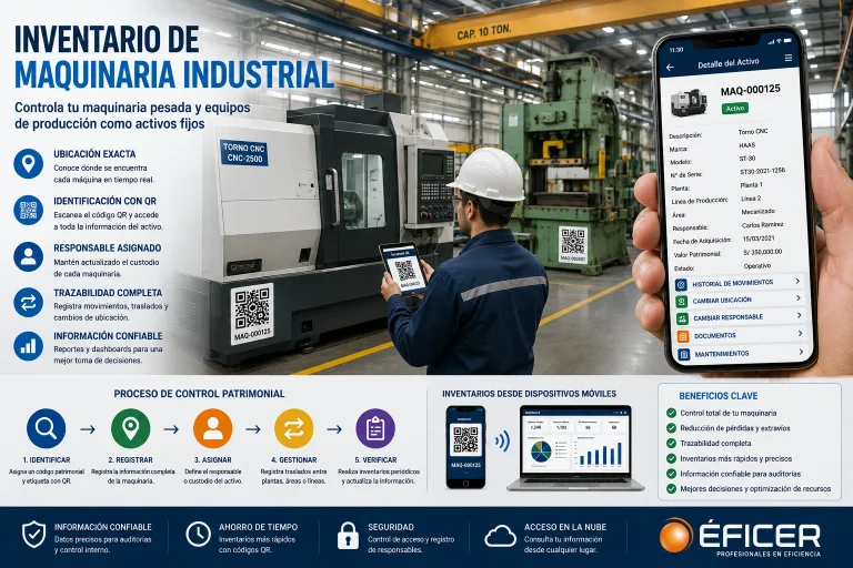 Inventario de maquinaria industrial mediante códigos QR para controlar maquinaria pesada y equipos de producción como activos fijos.