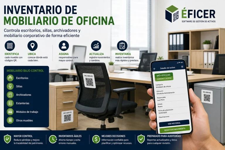 Inventario de mobiliario de oficina mediante códigos QR para controlar escritorios, sillas y archivadores.