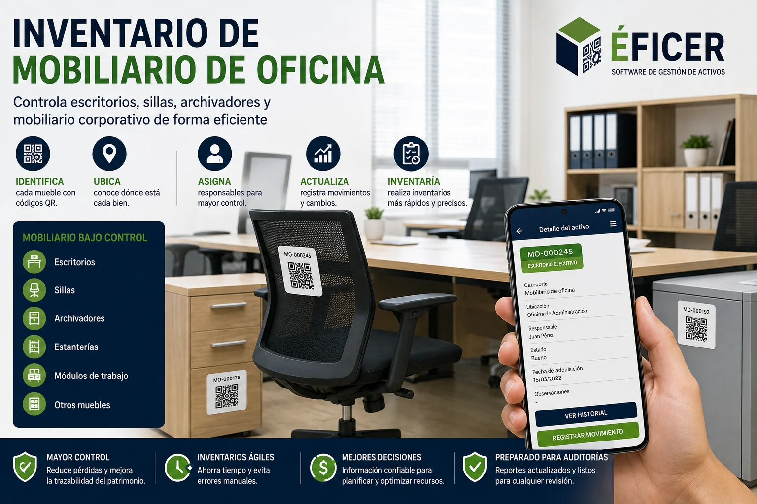 Inventario de mobiliario de oficina mediante códigos QR para controlar escritorios, sillas y archivadores.