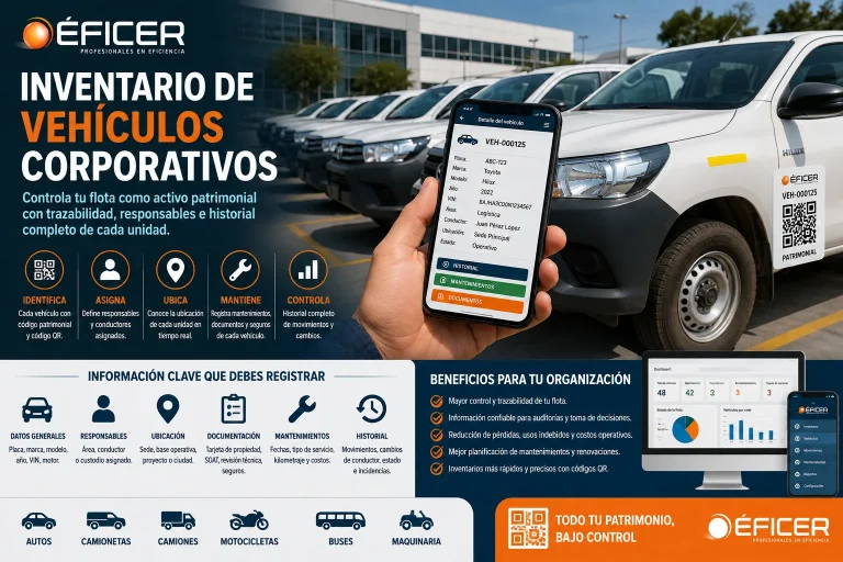 Inventario de vehículos corporativos mediante códigos QR para controlar autos, camionetas y unidades patrimoniales.