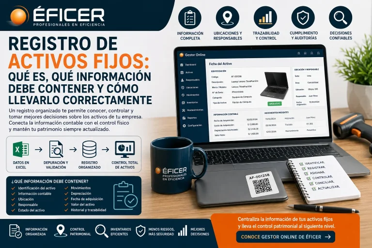 Registro de activos fijos para controlar bienes, responsables, ubicaciones y movimientos de una empresa